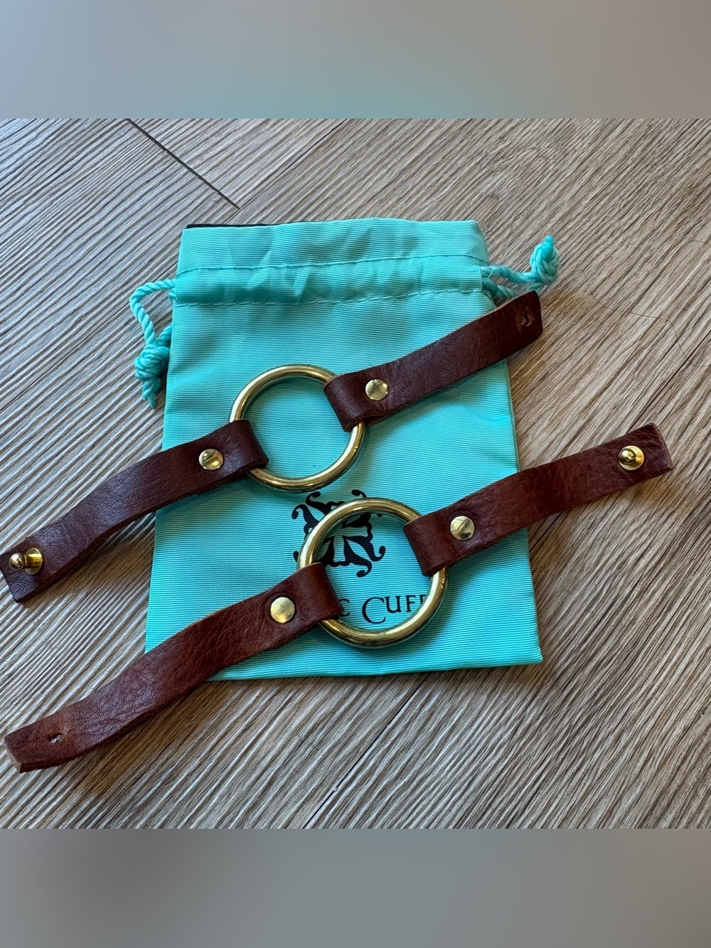 Rustic Cuff Leather & Brass O-Ring Bracelets with Pouch